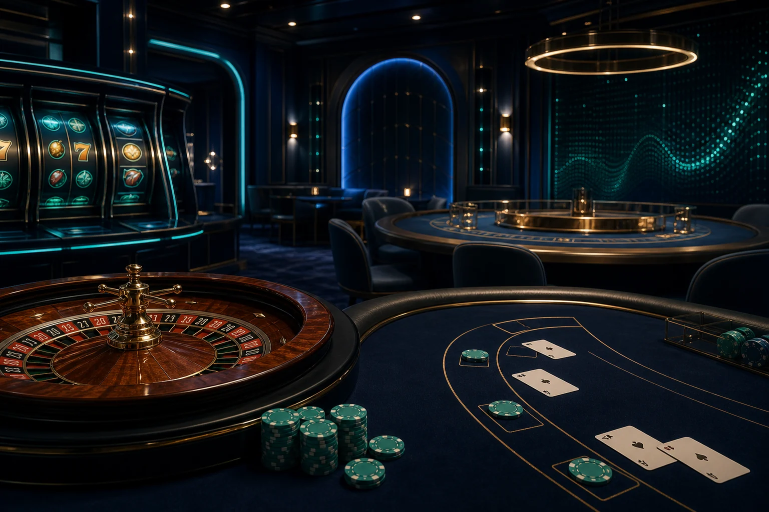 Ambiente premium de cassino online com roleta, slots, cartas e fichas