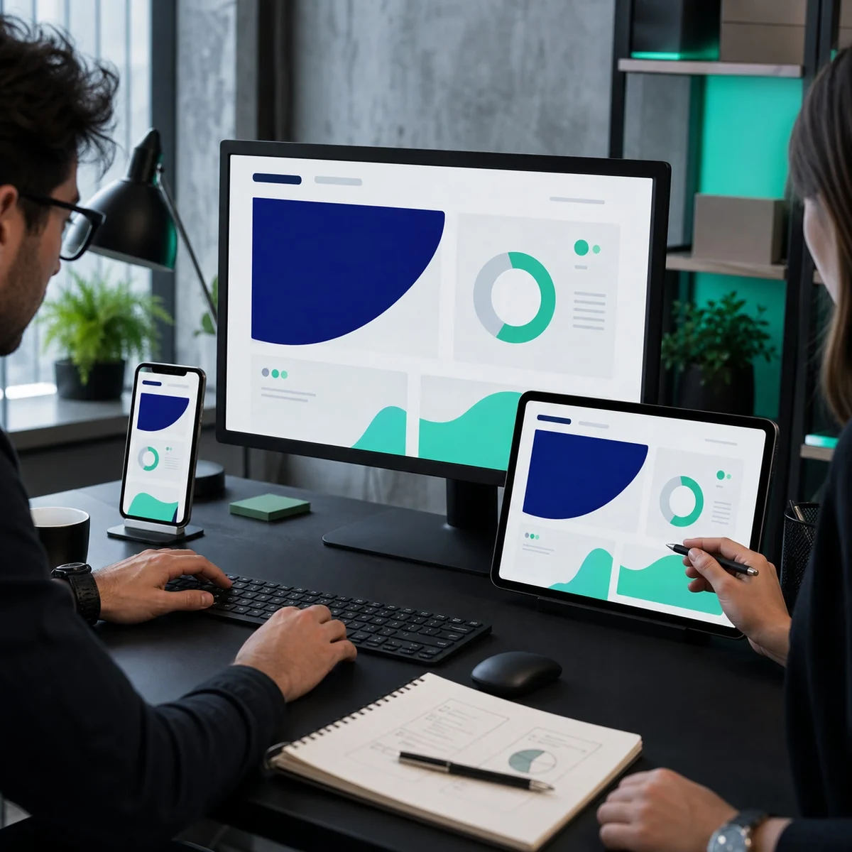 Profissionais avaliando uma interface responsiva em computador, tablet e smartphone