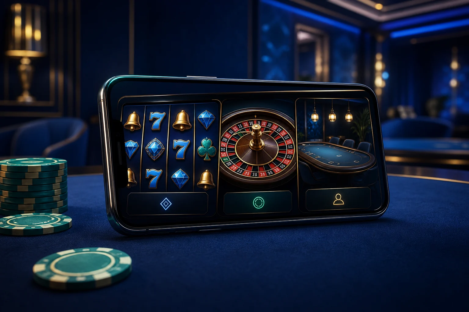 Smartphone exibindo slots, roleta e mesa ao vivo em uma interface de jogos online