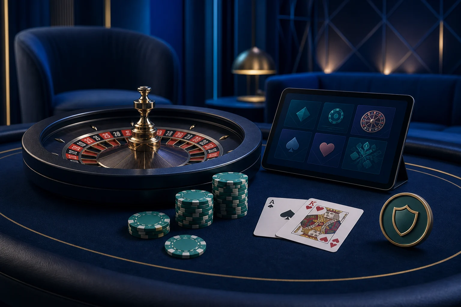 Roleta, cartas e fichas organizadas para representar o in�cio em jogos de cassino online